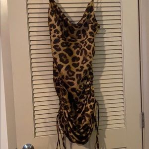ruched satin leopard print dress